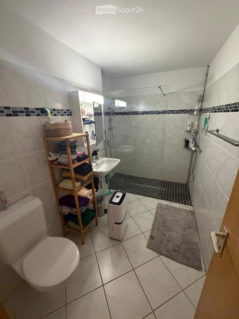 Modern bathroom with white tiles, a toilet, sink, shower, wooden shelf with towels, and a small air purifier.