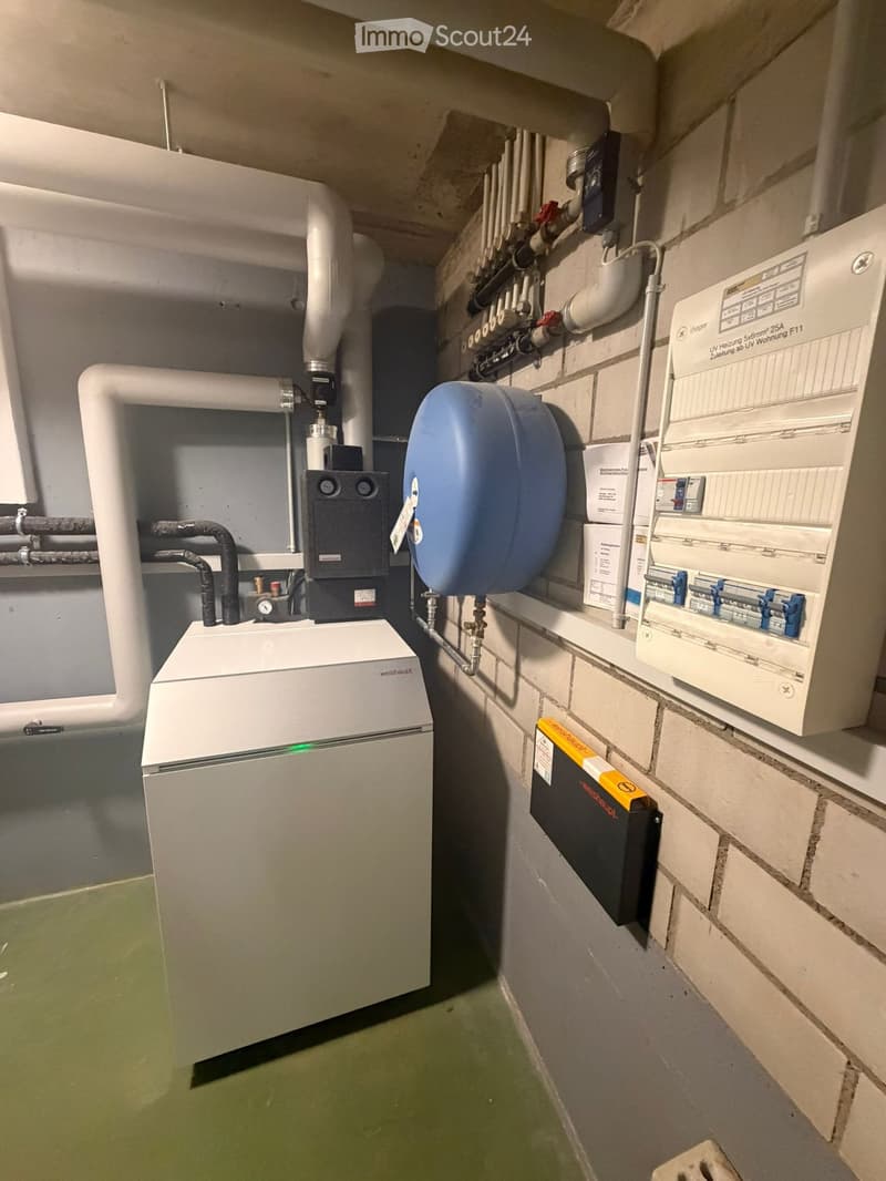 Utility room with water heater, electrical panel, battery, and various pipes.