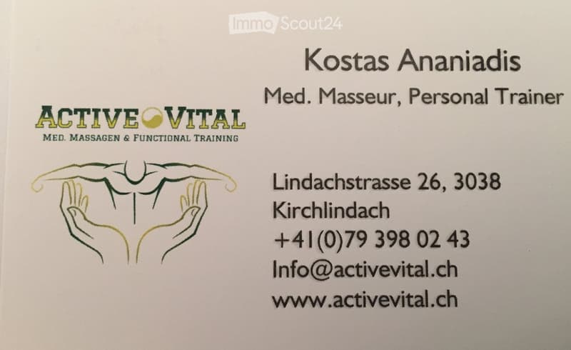 Business card for Active Vital, a medical massage and functional training service, featuring contact details and a logo of two hands holding each other.