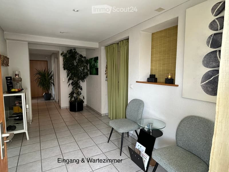 Entrance and waiting area with tiled floor, two grey chairs, a glass coffee table, a small black side table with magazines, a white cabinet with glass doors, and potted plants.