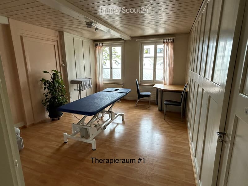 Therapy room with wooden flooring, treatment table, chairs, small table, and plant near the door.