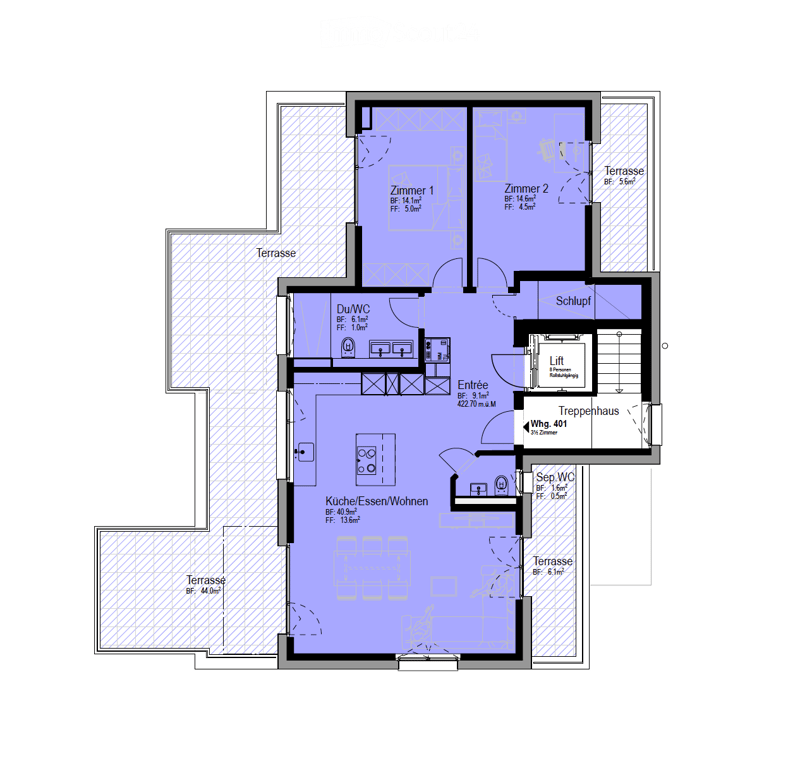 Floor Plan. Floor plan showing a multi-level layout with rooms labeled in German, including two bedrooms, a kitchen/dining/living area, bathrooms, entrance, staircase, and terraces.