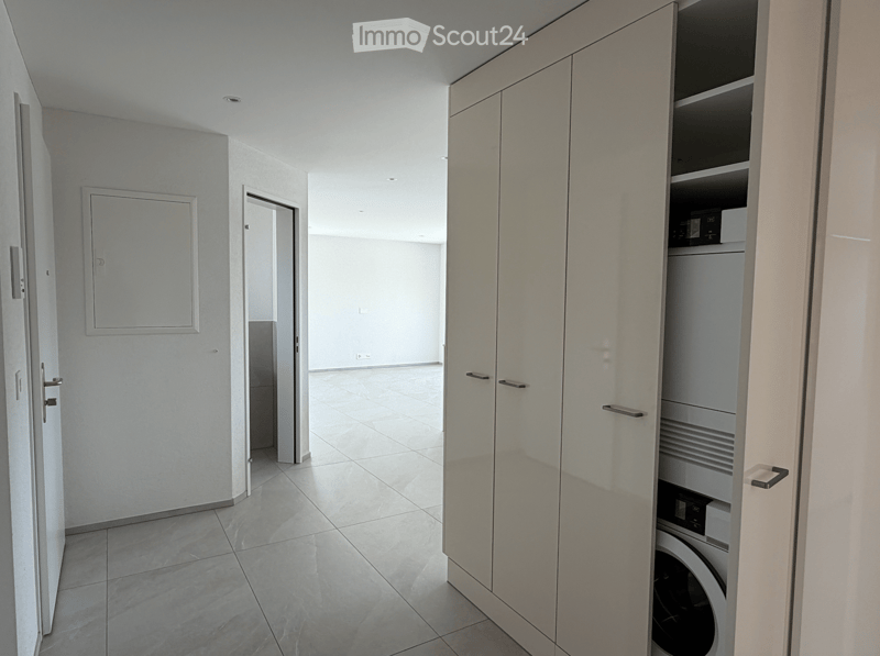 Corridor / Hallway. Clean, modern hallway with tiled flooring, white walls, and built-in storage units. A door leads to another room, and a partially open closet reveals a washing machine inside.