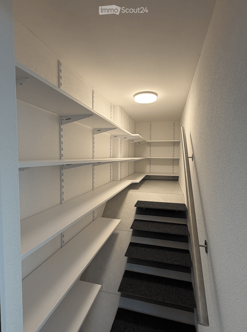 Corridor / Hallway. Modern staircase with white built-in shelving on one side and a sleek black carpeted staircase on the other, illuminated by a round ceiling light.