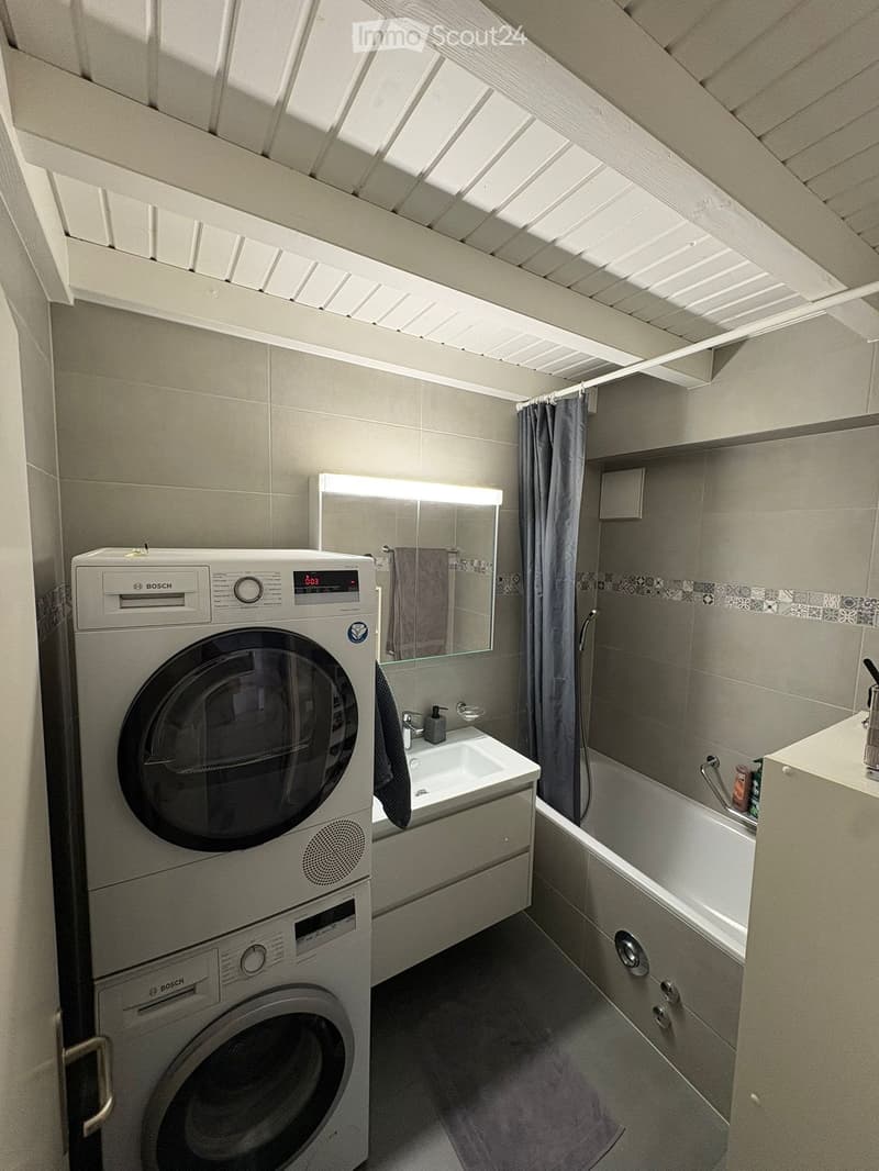 Modern bathroom with a washing machine, sink, mirror, bathtub, and cabinet. The space features a skylight and grey tiles.