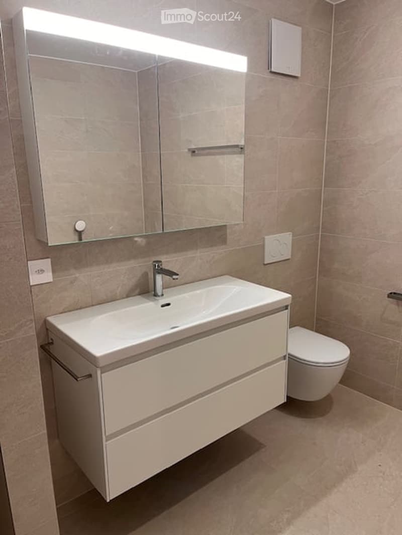 Modern bathroom with a white sink, large mirror with built-in lighting, and a toilet.