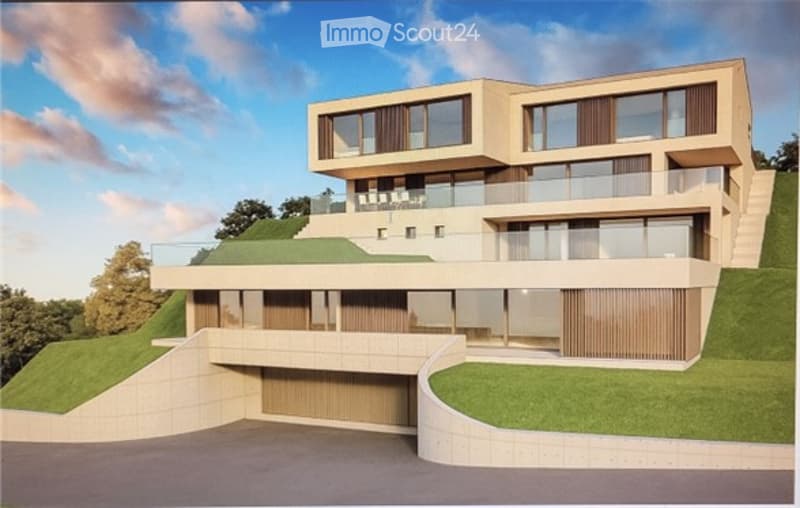 Modern two-story house with large windows, balconies, and a raised ground floor. Features a garage and landscaped green roof.