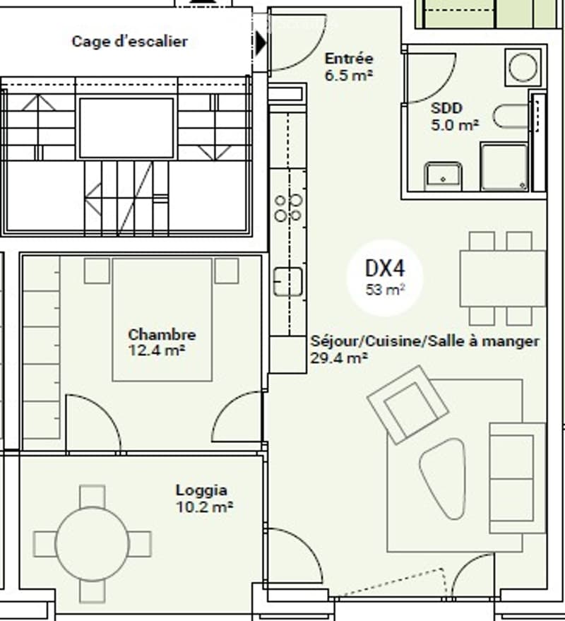 Floor plan of a residential space featuring an entrance, living/dining area, kitchen, bedroom, shower room, and loggia.