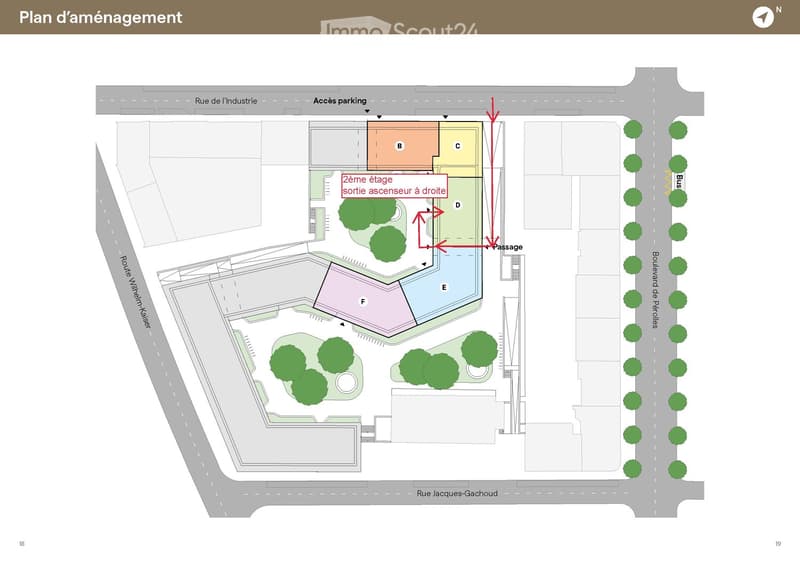 Floor plan showing building layout with labeled sections, parking access, green spaces, and surrounding streets.