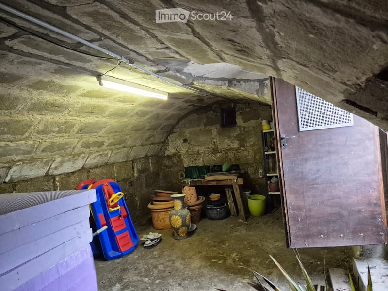 Underground storage area with stone walls, a wooden table, shelves, and various stored items including potted plants and a toy.