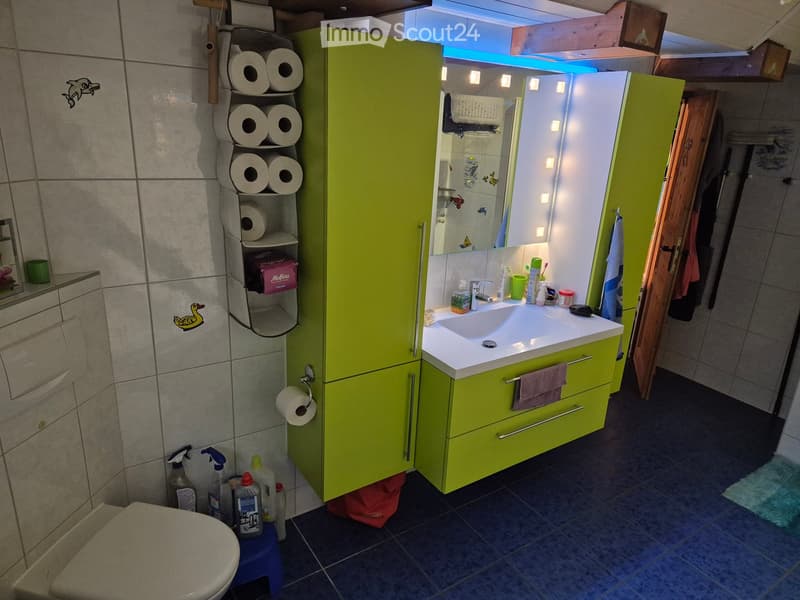 Modern bathroom with green cabinets, white sink, mirror, toilet paper holder, and cleaning supplies on the floor.