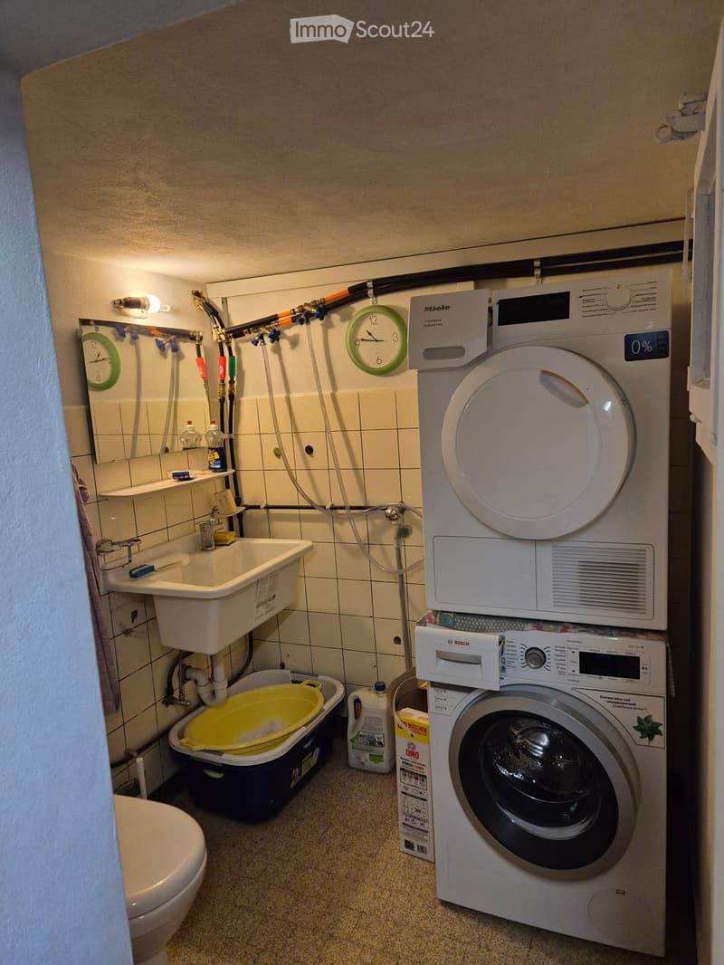 Bathroom with a sink, toilet, washing machine, and dishwasher. There are two clocks on the wall, a mirror, and various cleaning supplies.