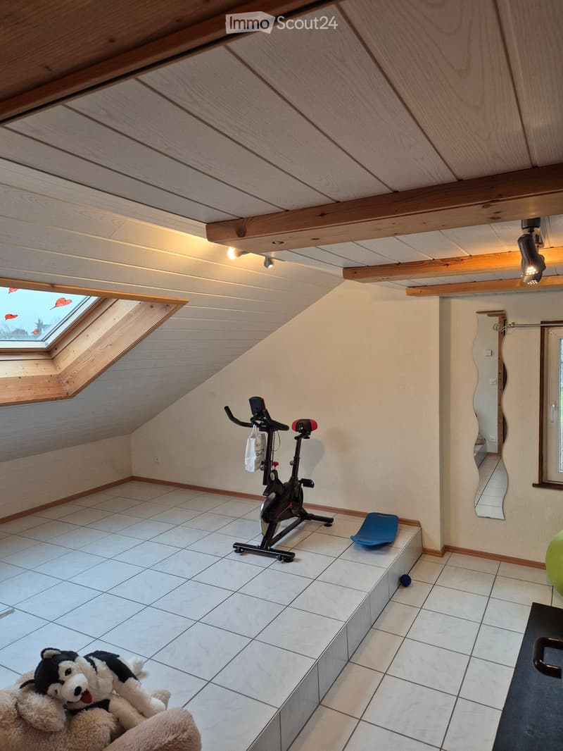 Loft-style room with wooden slanted ceiling, skylight window, tiled floor, exercise bike, and a large stuffed animal on the floor.