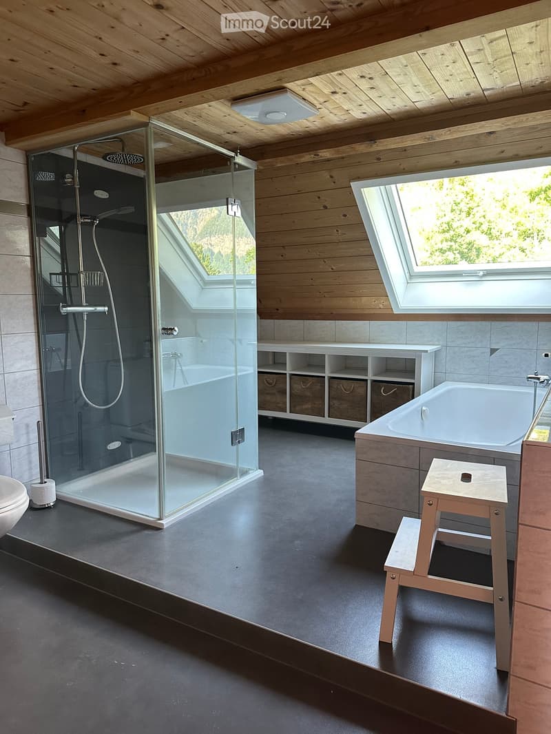 Modern bathroom with a large bathtub, glass-enclosed shower, wooden ceiling, and built-in storage unit. Features include a small wooden stool and a toilet.