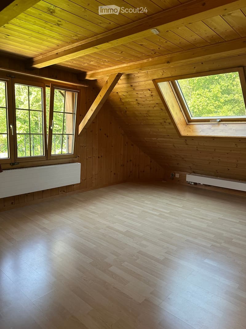 Empty attic room with wooden walls, ceiling, and floor, large windows, and radiators.