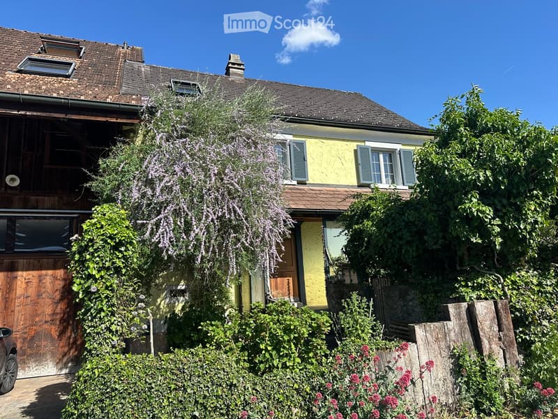 Two-story house with a brick and yellow facade, multiple windows with shutters, a wooden garage door, and lush greenery including climbing vines and flowering bushes.