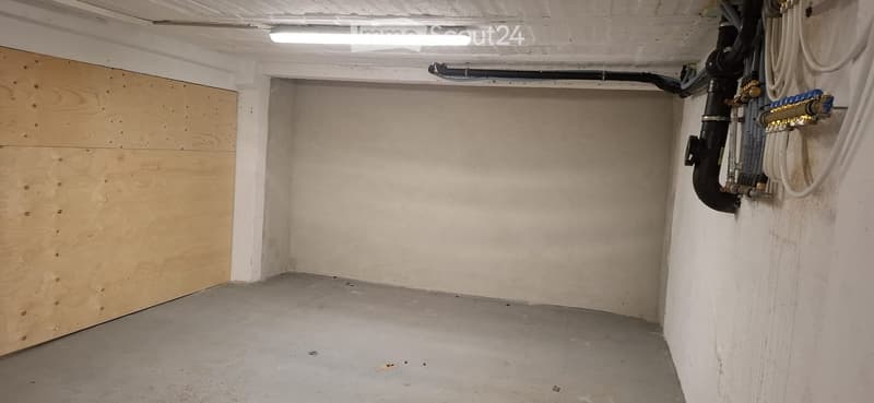 Empty basement space with concrete floor, white walls, exposed pipes, and a wooden panel on one side.