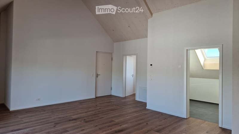 An empty room with white walls, wooden floor, and three doors. One door leads to a room with a skylight.