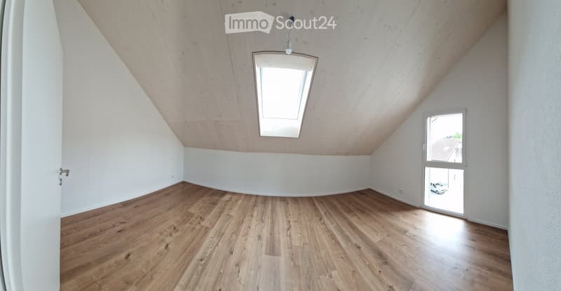 Empty room with wooden floor and white walls. Features a skylight and a window.