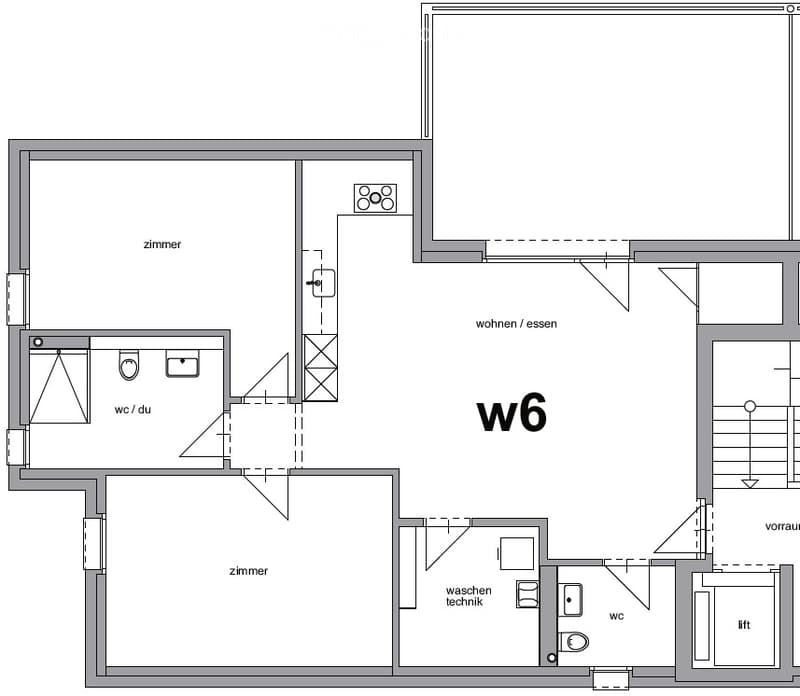 Floor plan of a residential unit labeled W6, featuring multiple rooms including a living/dining area, bedrooms, a bathroom, and a utility area.