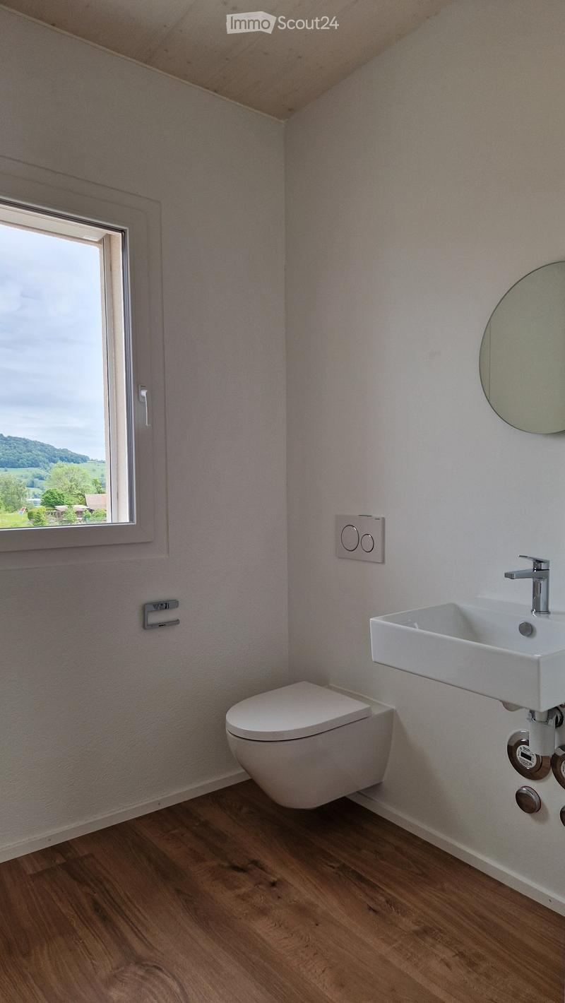 A small, modern bathroom with white walls, wooden floor, and a window. It includes a toilet, a white sink with a faucet, and a round mirror.