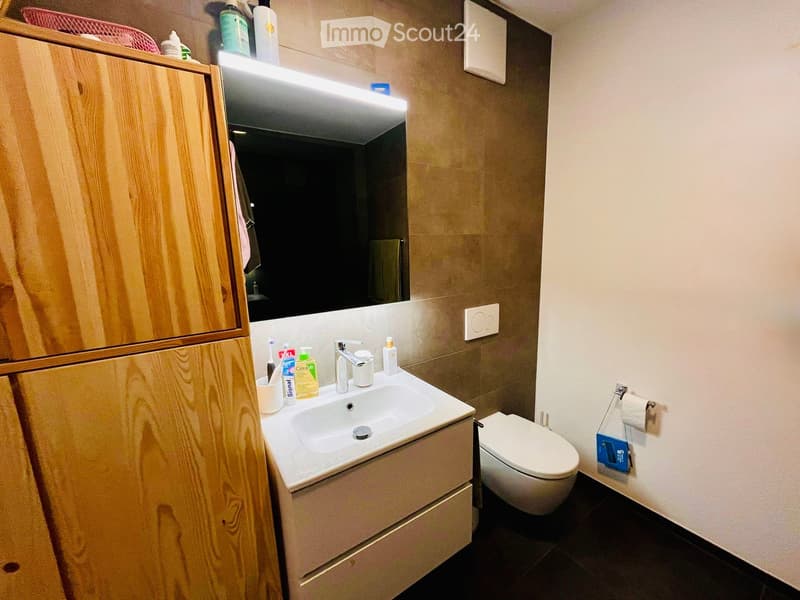 Bathroom with wooden cabinet, sink, mirror, and toilet. The sink has a faucet, toothbrush, toothpaste, shampoo, and conditioner. The mirror has a light. The toilet is next to the wall with a toilet paper holder. The floor is tiled.