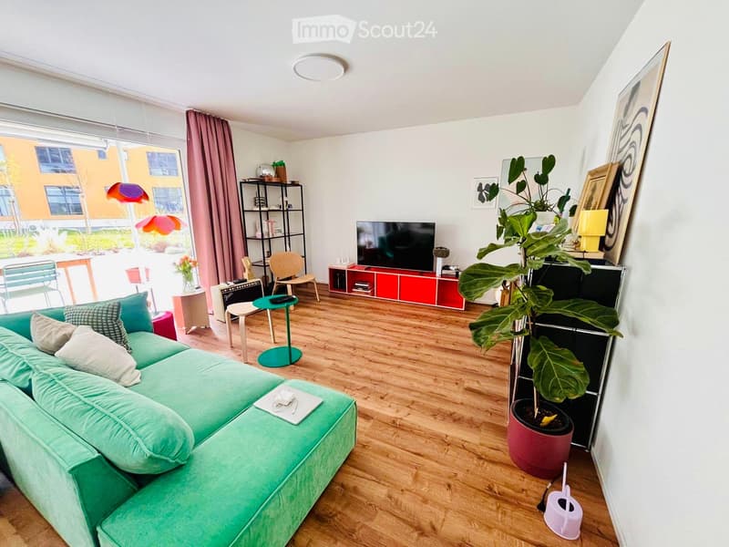 Living room with a green couch, wooden floor, and a TV on a red cabinet. A potted plant and a lamp are on the right side.