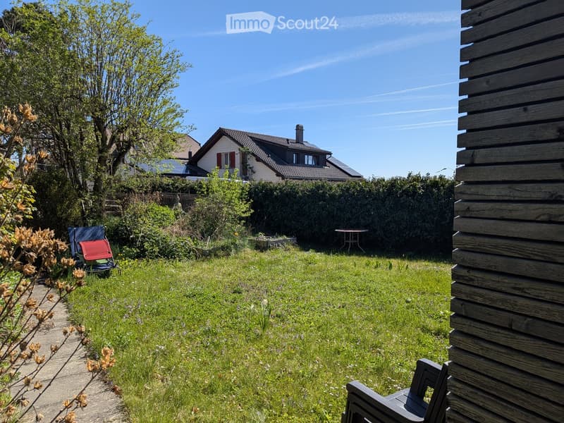 Lush garden with a wooden fence, a wooden bench, a red folding chair, and a small table, surrounded by greenery and trees.