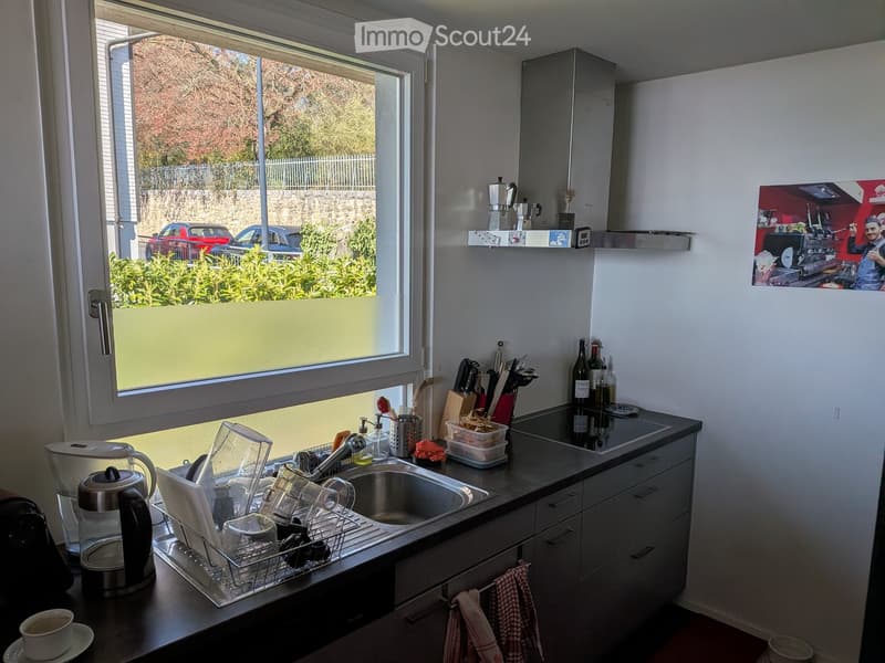 Modern kitchen with stainless steel sink, dish rack, coffee maker, and wine bottles on the counter. The window offers a view of the garden and street outside.