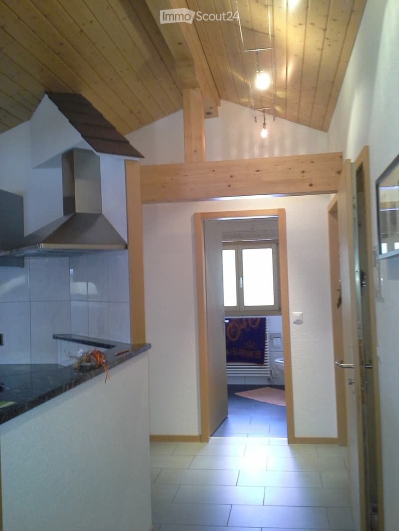 Bright hallway with wooden beams and white walls, leading to a kitchen and a bathroom. The kitchen features a stainless steel range hood and a glass countertop, while the bathroom is partially visible with a toilet and a colorful rug.
