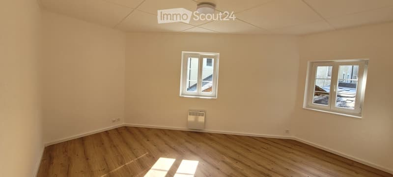 Empty room with wooden flooring, white walls, two windows, and a radiator. No furniture or equipment present.