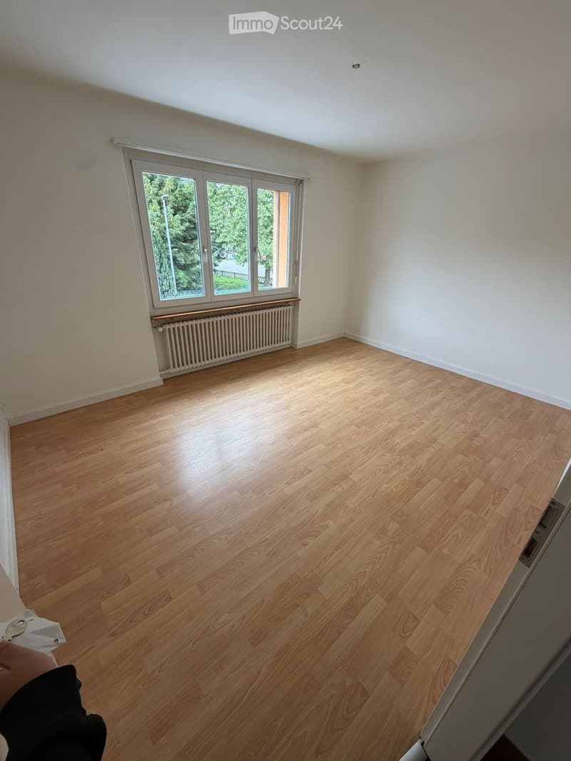 Empty room with wooden flooring, white walls, large window with radiator below, and a door visible on the right side.