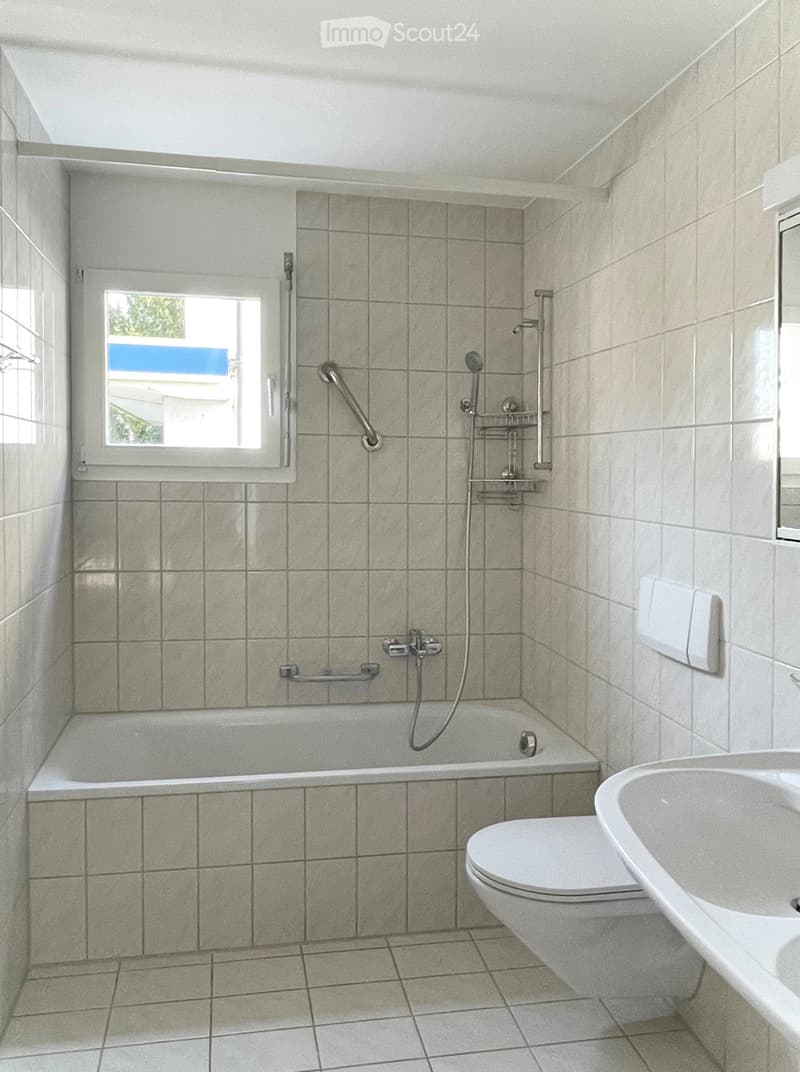 Bathroom with tiled walls and floor, featuring a bathtub, toilet, sink, and a shower area with a handheld showerhead and handrail.