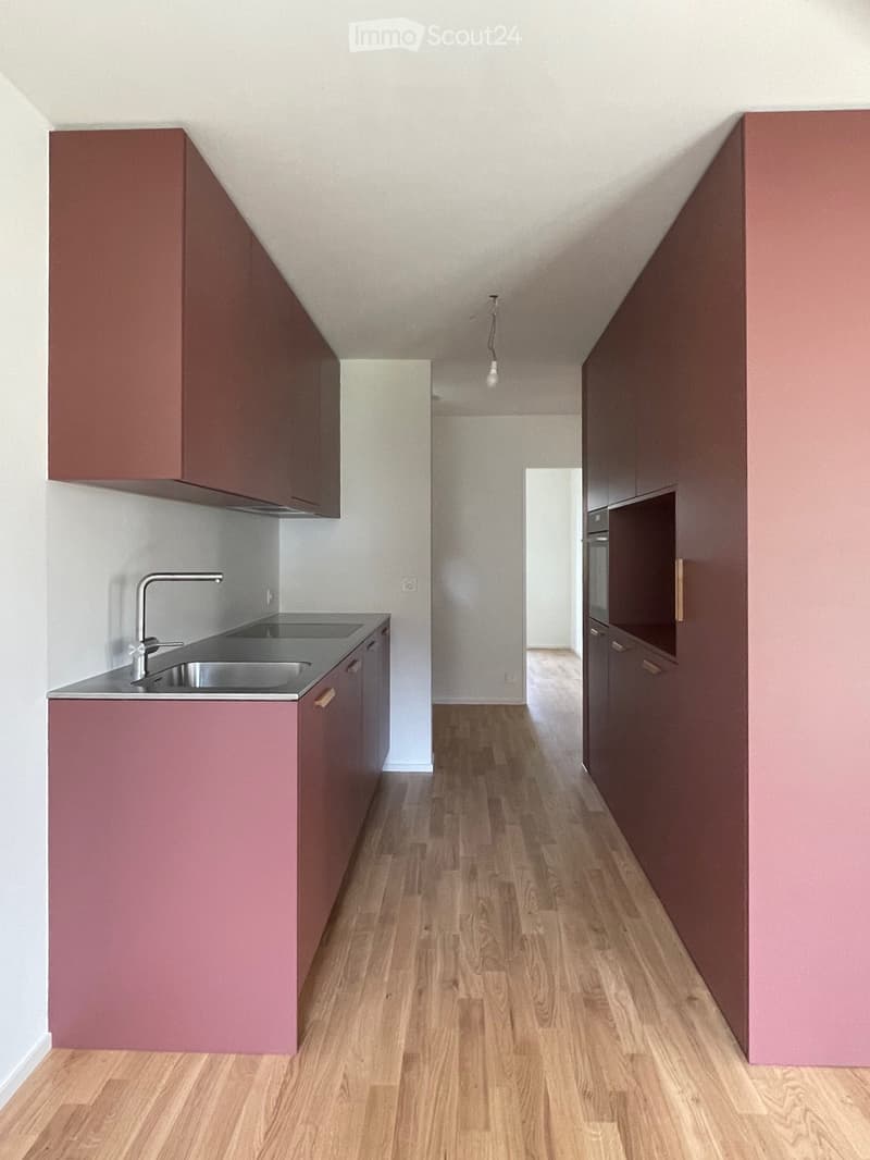Modern kitchen with wooden flooring, pink and dark red cabinets, stainless steel sink, and a visible faucet.