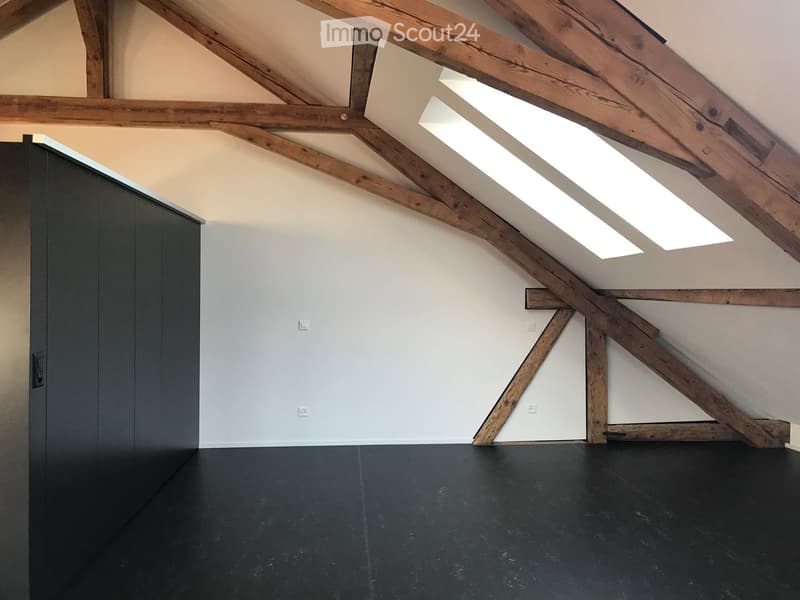 An empty attic space with exposed wooden beams, skylights, and a dark floor. No furniture or equipment is present.