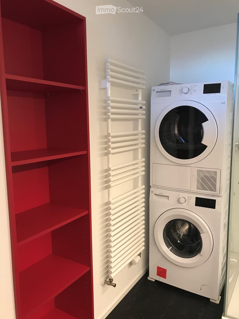 Bathroom with a white washing machine, red shelving unit, and white radiator on the wall.