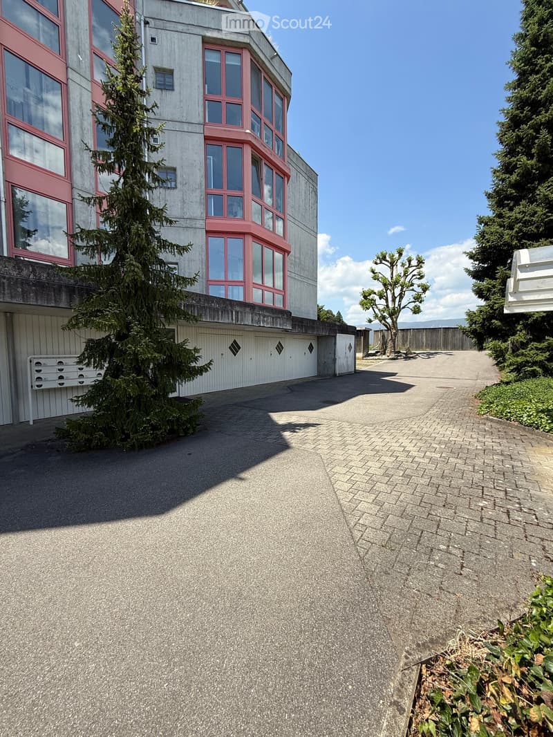 Modern multi-story building with large windows and pink trim, featuring a paved driveway and surrounding greenery.