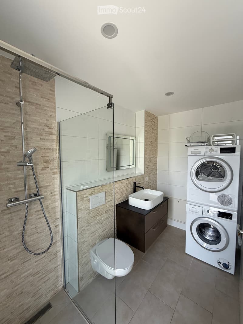 Modern bathroom with a glass-enclosed shower, toilet, sink, and a stacked washing machine and dryer unit.