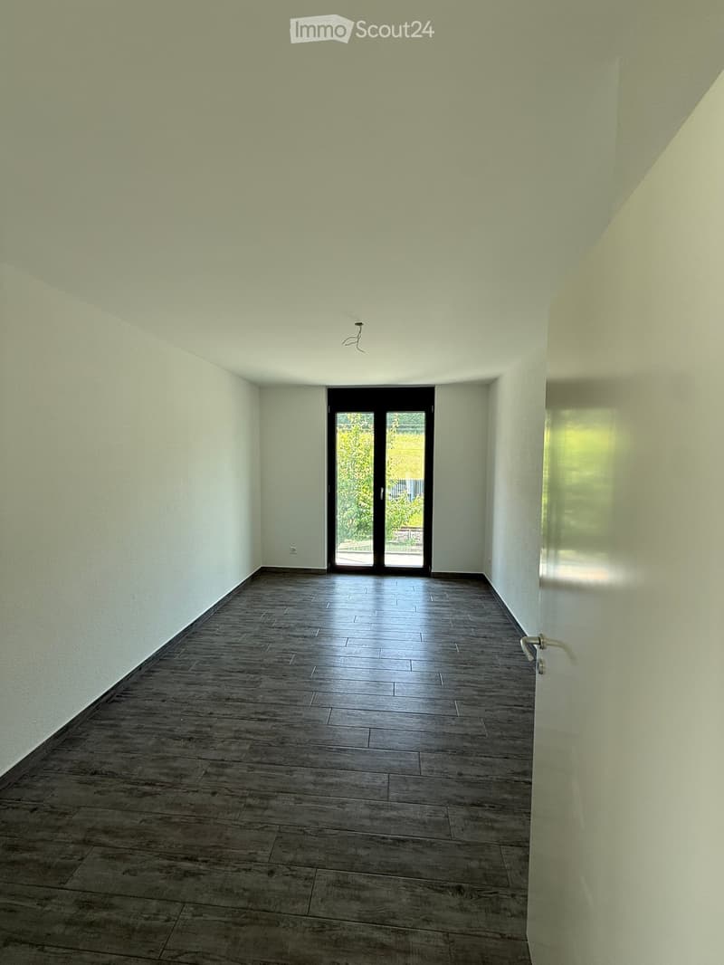 Empty room with light-colored walls, dark wooden flooring, and a large sliding glass door leading to an outdoor area.