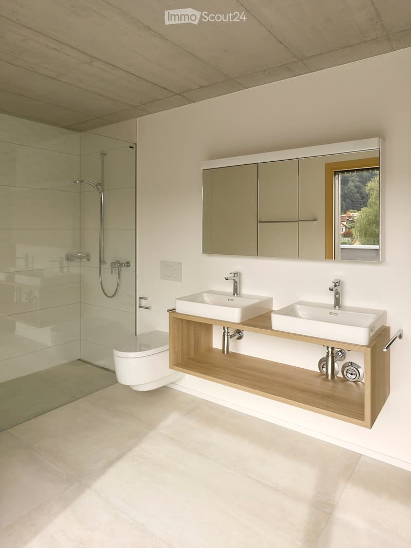 Modern bathroom with two white sinks on a wooden vanity, a large mirrored cabinet, a toilet, and a glass-enclosed shower with a modern showerhead.