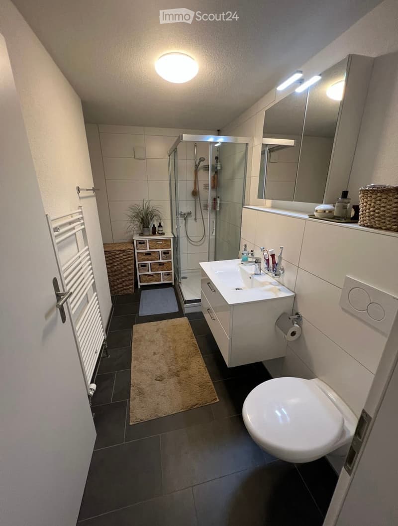 Bathroom. Modern bathroom with white tiles, a large mirror, a sink with a faucet, a toilet, a shower with glass enclosure, a towel rack, a small storage cabinet, and a bath mat on the floor.