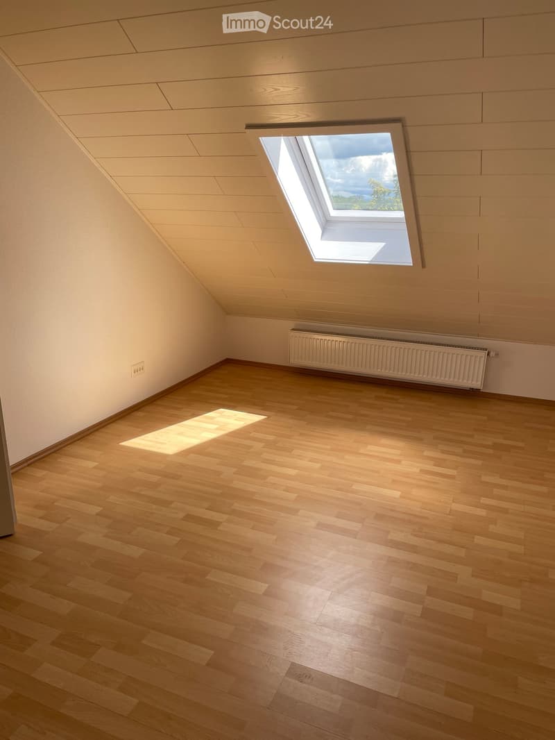 Empty attic room with wooden flooring, white walls, and a skylight window allowing natural light to enter.