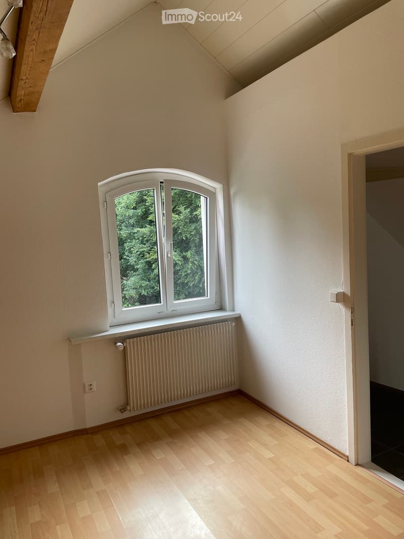 Empty attic room with wooden flooring, white walls, a large window with a view of greenery, and a radiator below the window.
