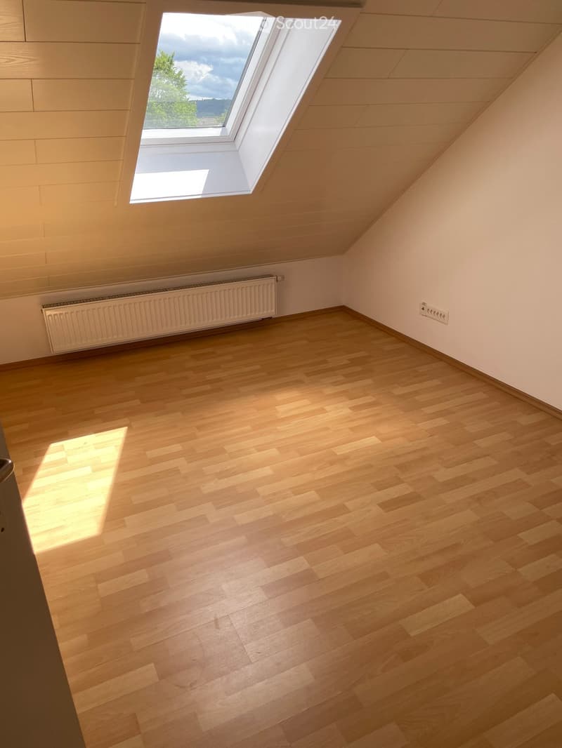 Empty attic room with wooden flooring, white walls, and a skylight window allowing natural light to enter.