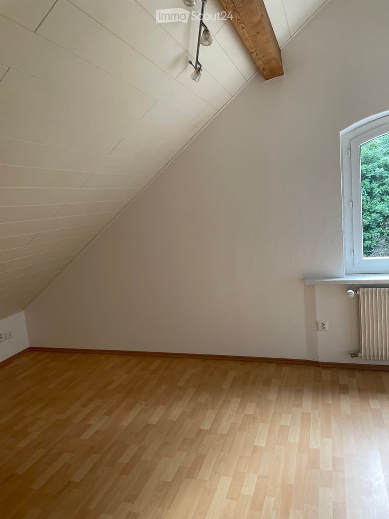 Empty room with wooden flooring, white walls, and a slanted ceiling. Features a window with a view of greenery and a radiator below it.