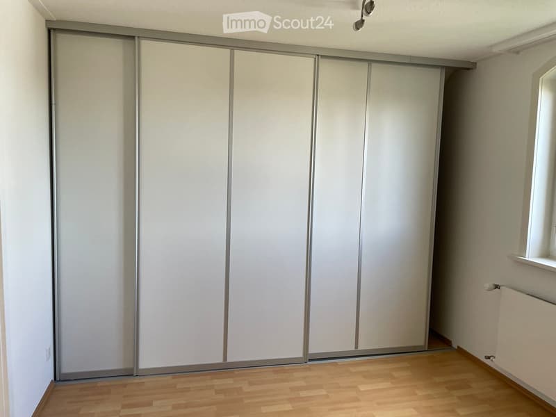 Empty room with light wooden flooring, white walls, and large sliding closet doors.
