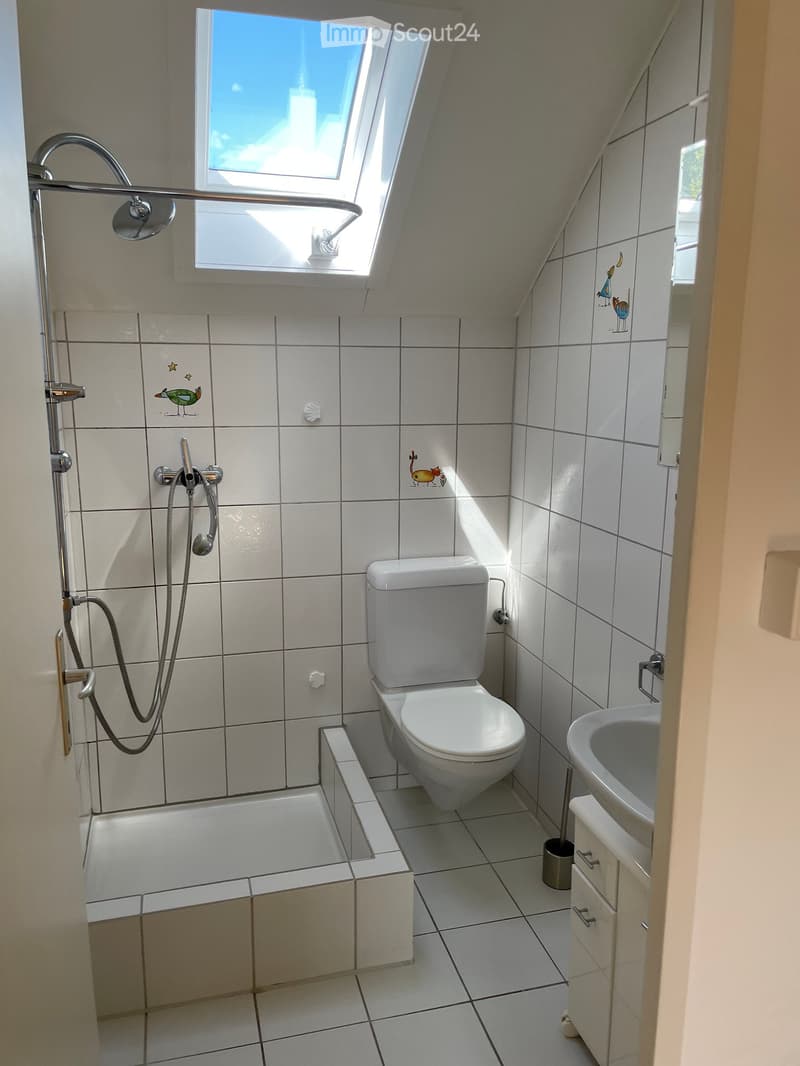 Compact bathroom with white tiles, a toilet, a bathtub, a sink, a shower, and a skylight window providing natural light.