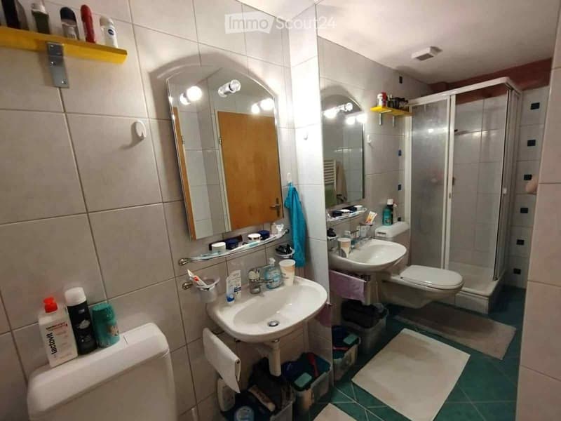 Bathroom with a sink, mirror, toilet, shower, and various toiletries on shelves and counters.