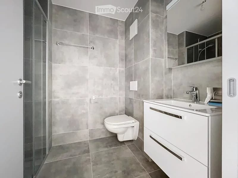 Modern bathroom with grey tiled walls and floor, white toilet, white sink with modern faucet, and a glass-enclosed shower area.