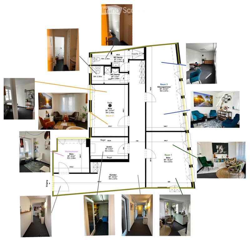 Floor plan of a multi-room space including a corridor, office, waiting room, archive, and two bathrooms. Dimensions and room labels are provided.